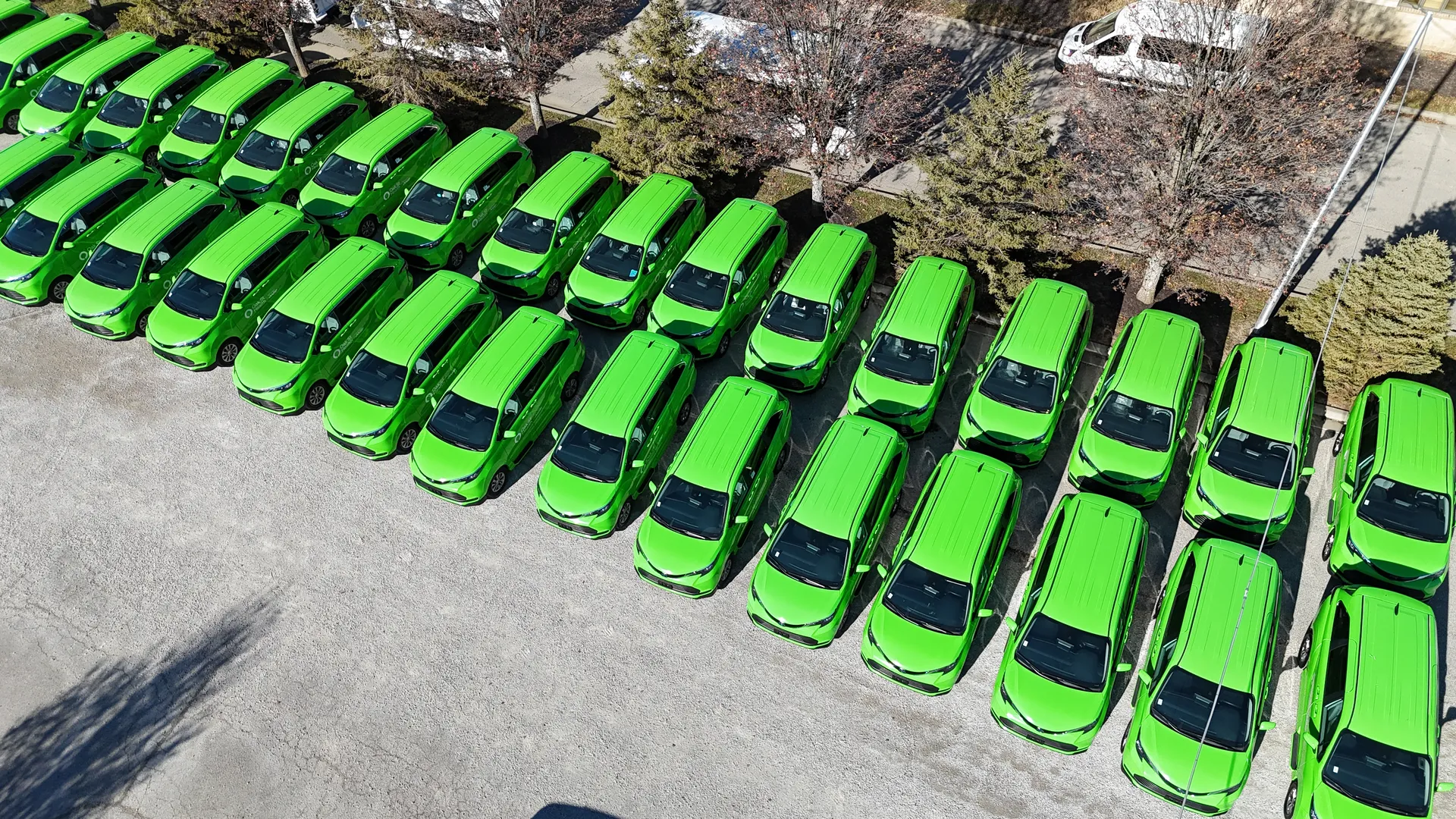 Aerial view of a freshly wrapped fleet at Wrap Factory